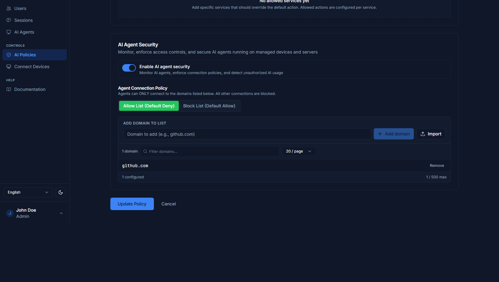 AI Agent Security configuration with allow and block domain lists
