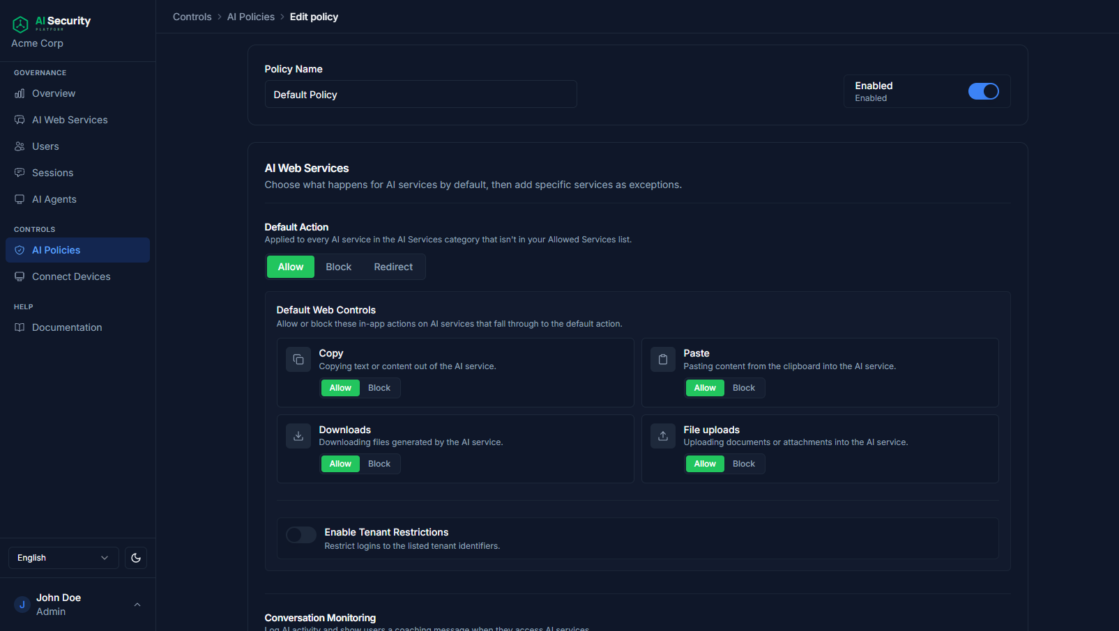 AI Policy editor showing default action and conversation monitoring toggles