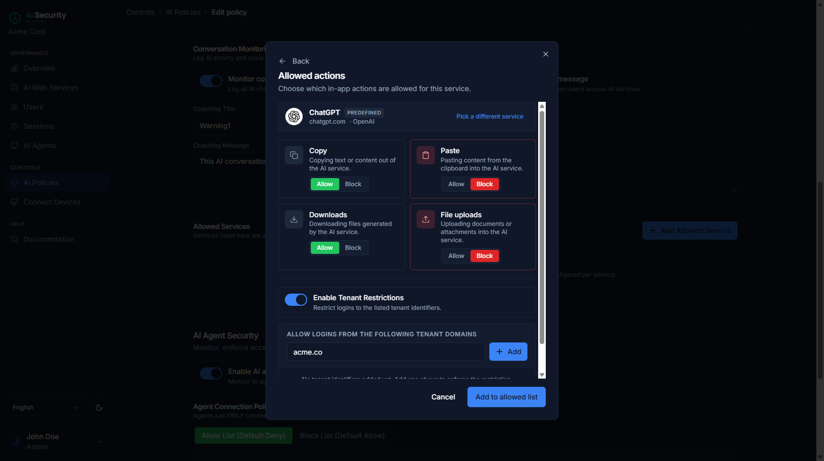 Edit allowed service dialog with action toggles and tenant restrictions