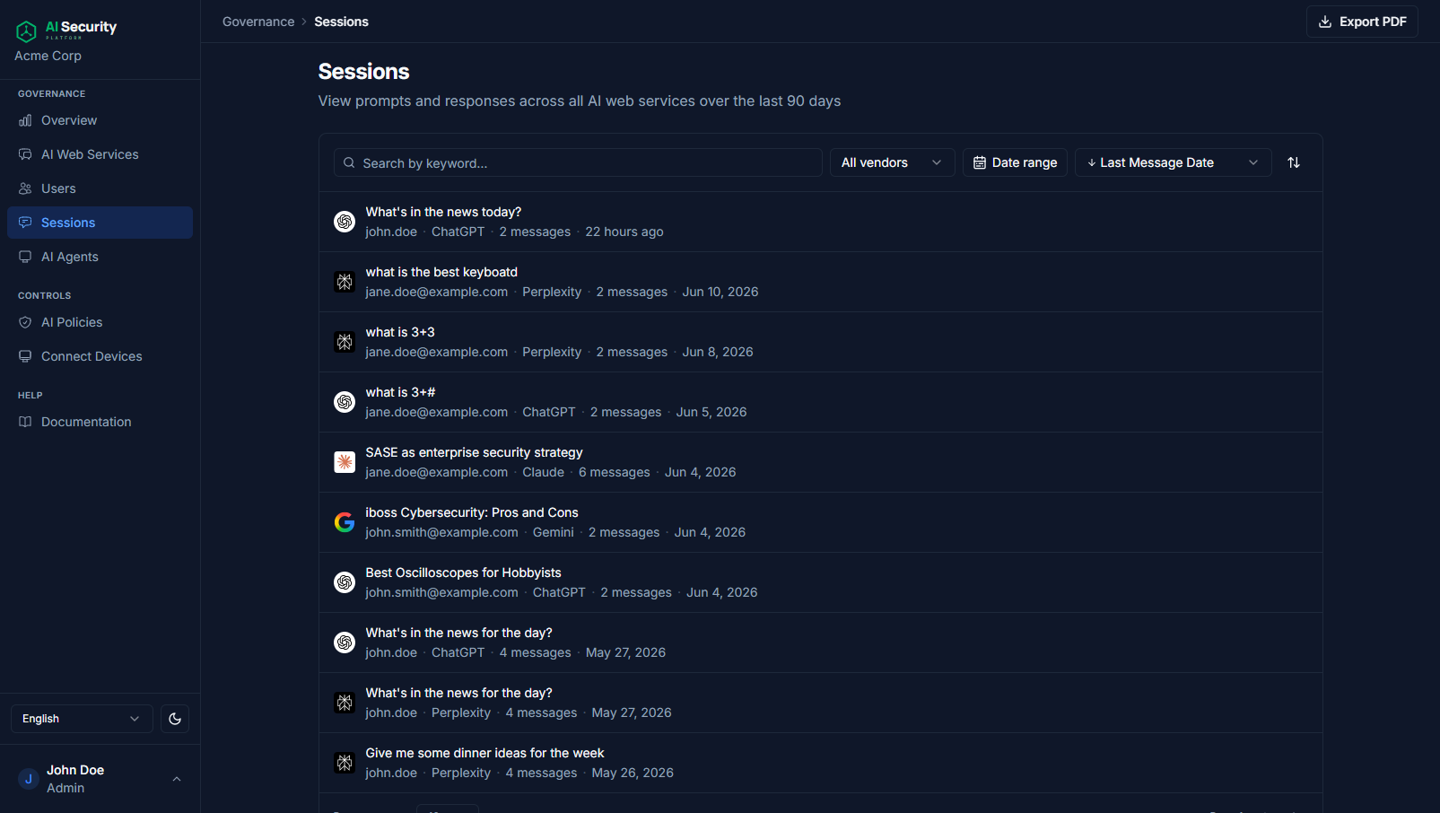 Sessions page showing a searchable list of AI conversations